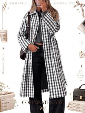 Plaid Trench Coat Button Down Overcoat with Belt Long Sleeve